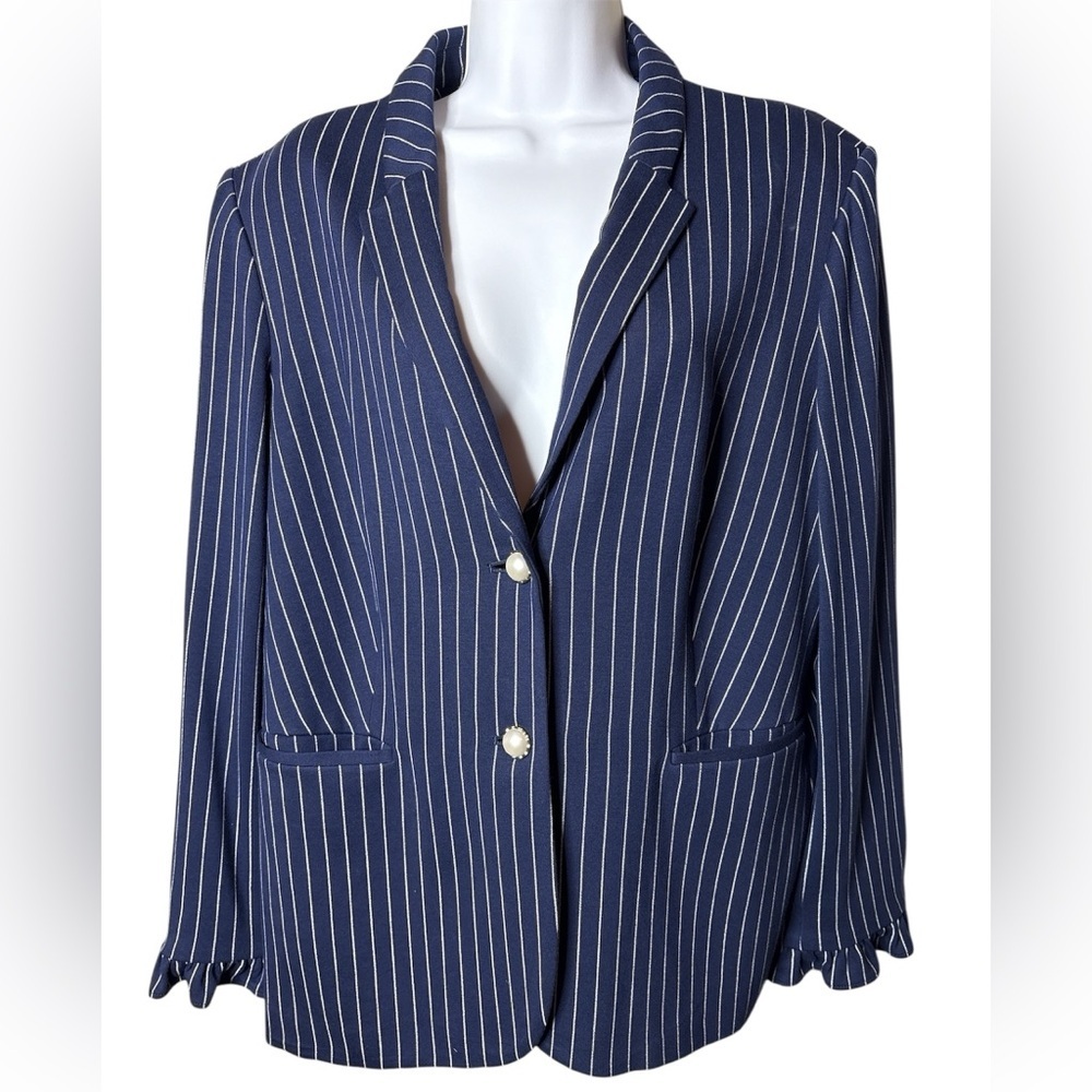 Nwt Chico's Navy And White Striped Blazer Women’s Xlp Ruffled Cuff Pearl Buttons